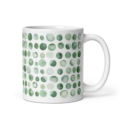 Dottie — Lichen ceramic mug by Maude Mugs — muted sage and olive dot pattern inspired by woodland growth, 11oz, handle on right