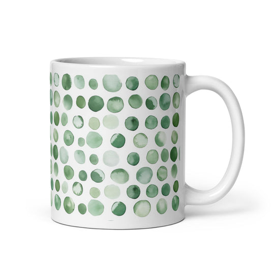 Dottie — Lichen ceramic mug by Maude Mugs — muted sage and olive dot pattern inspired by woodland growth, 11oz, handle on right