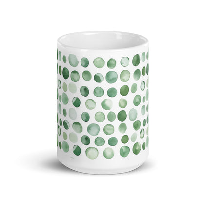 Dottie — Lichen ceramic mug by Maude Mugs — muted sage and olive dot pattern inspired by woodland growth, 15oz, front view