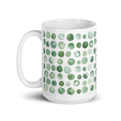 Dottie — Lichen ceramic mug by Maude Mugs — muted sage and olive dot pattern inspired by woodland growth, 15oz, handle on left