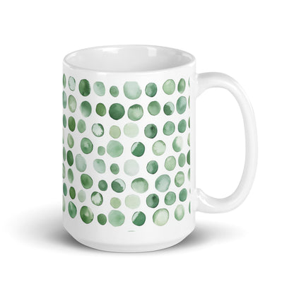Dottie — Lichen ceramic mug by Maude Mugs — muted sage and olive dot pattern inspired by woodland growth, 15oz, handle on right