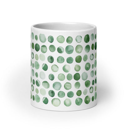 Dottie — Lichen ceramic mug by Maude Mugs — muted sage and olive dot pattern inspired by woodland growth, 20oz, front view