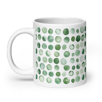 Dottie — Lichen ceramic mug by Maude Mugs — muted sage and olive dot pattern inspired by woodland growth, 20oz, handle on left