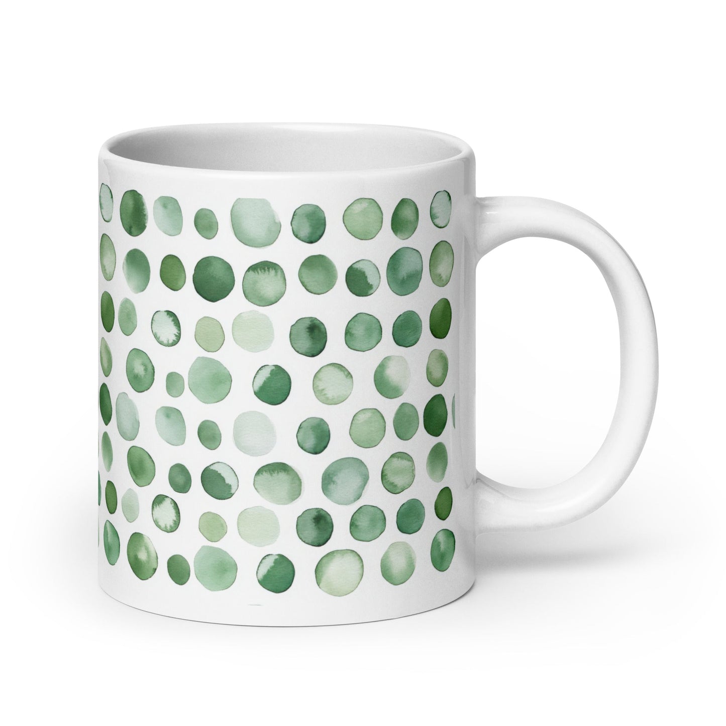 Dottie — Lichen ceramic mug by Maude Mugs — muted sage and olive dot pattern inspired by woodland growth, 20oz, handle on right