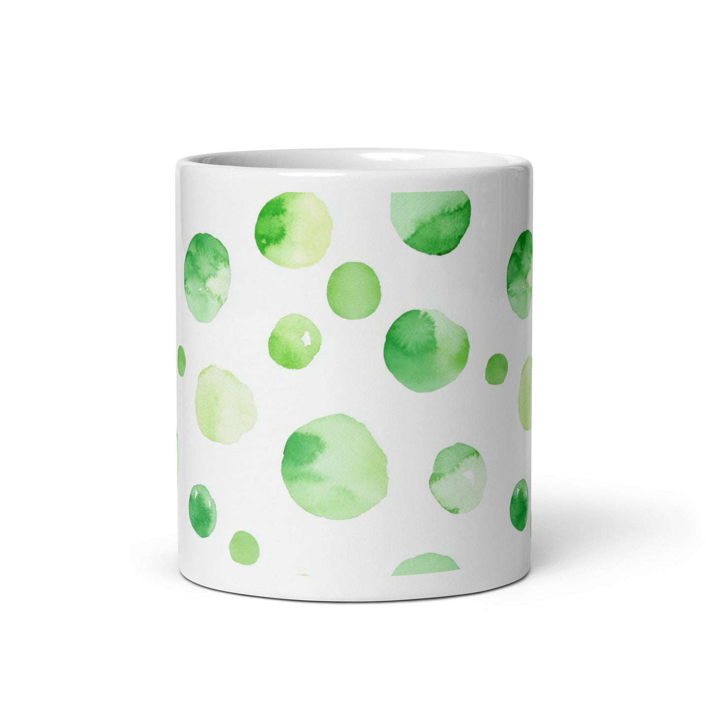 Dottie — Meadow ceramic mug by Maude Mugs — soft meadow dot pattern in greens and warm neutrals, 11oz, front view