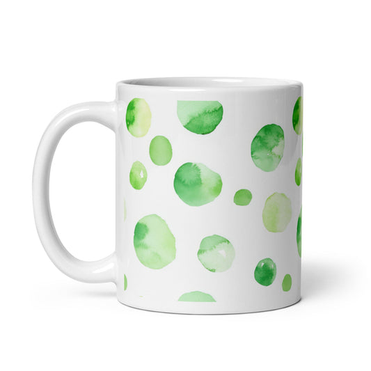 Dottie — Meadow ceramic mug by Maude Mugs — soft meadow dot pattern in greens and warm neutrals, 11oz, handle on left