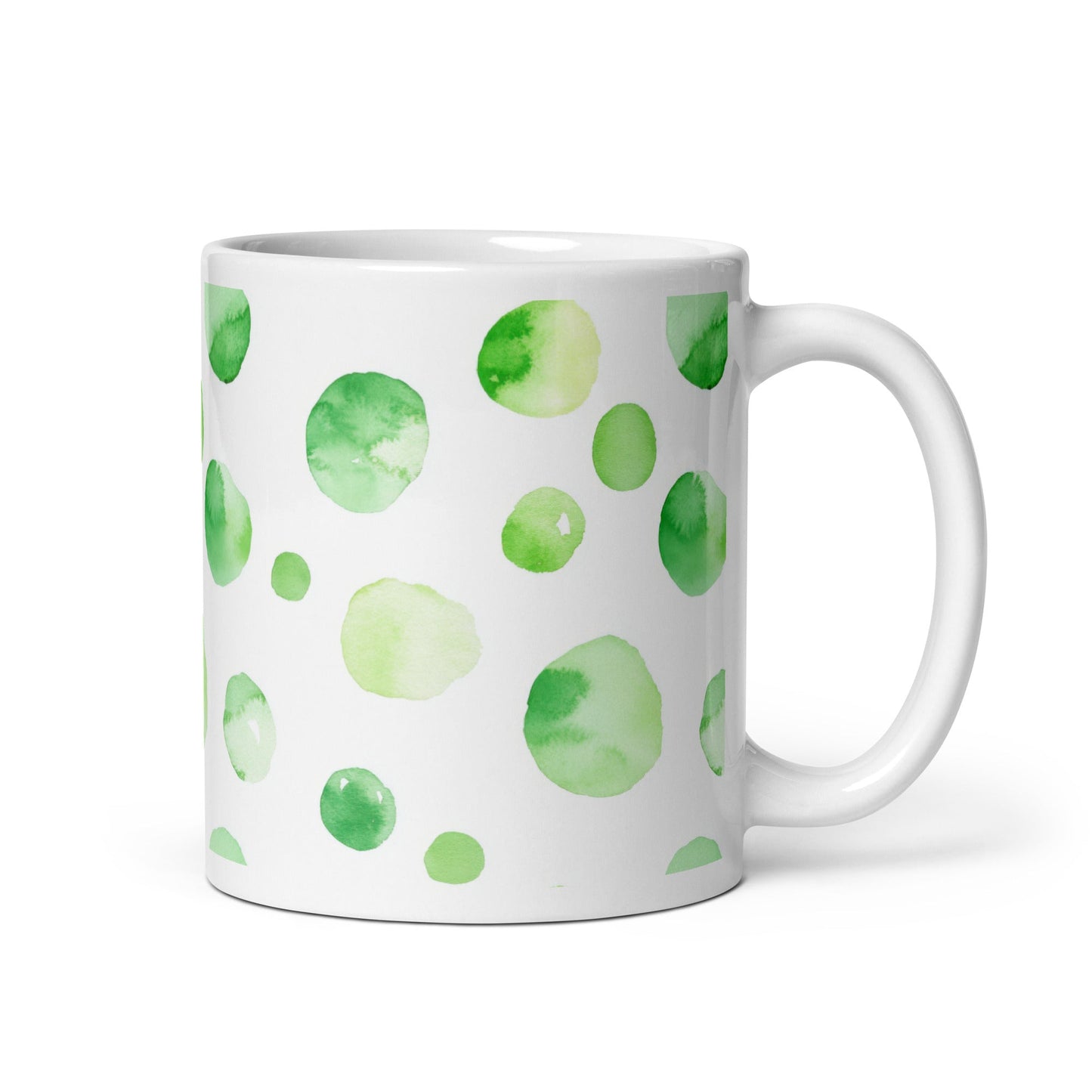 Dottie — Meadow ceramic mug by Maude Mugs — soft meadow dot pattern in greens and warm neutrals, 11oz, handle on right