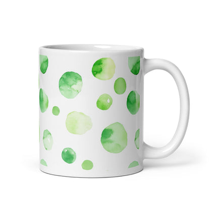 Dottie — Meadow ceramic mug by Maude Mugs — soft meadow dot pattern in greens and warm neutrals, 11oz, handle on right
