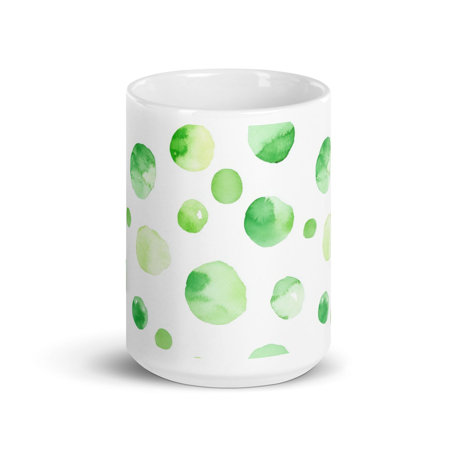 Dottie — Meadow ceramic mug by Maude Mugs — soft meadow dot pattern in greens and warm neutrals, 15oz, front view