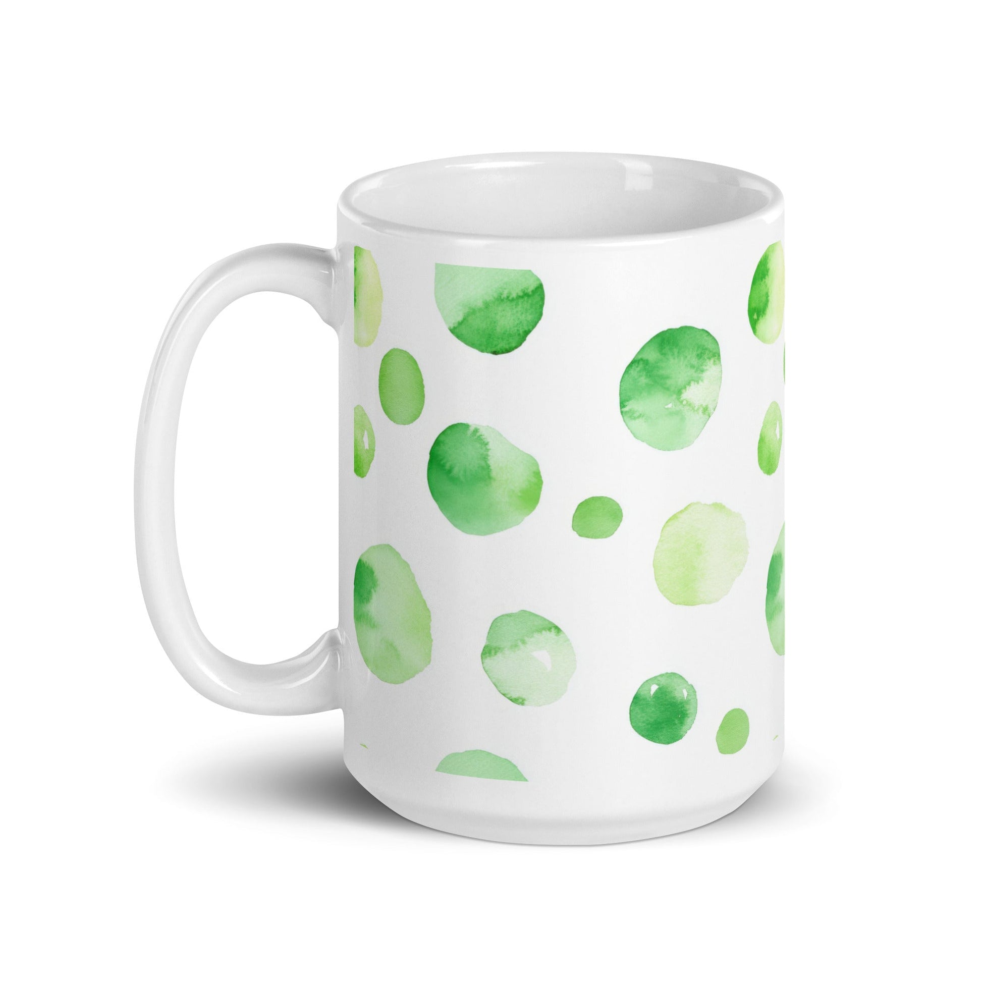 Dottie — Meadow ceramic mug by Maude Mugs — soft meadow dot pattern in greens and warm neutrals, 15oz, handle on left