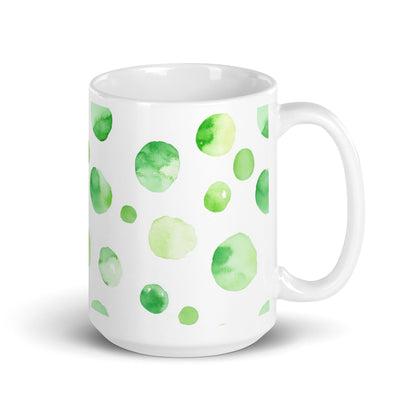 Dottie — Meadow ceramic mug by Maude Mugs — soft meadow dot pattern in greens and warm neutrals, 15oz, handle on right