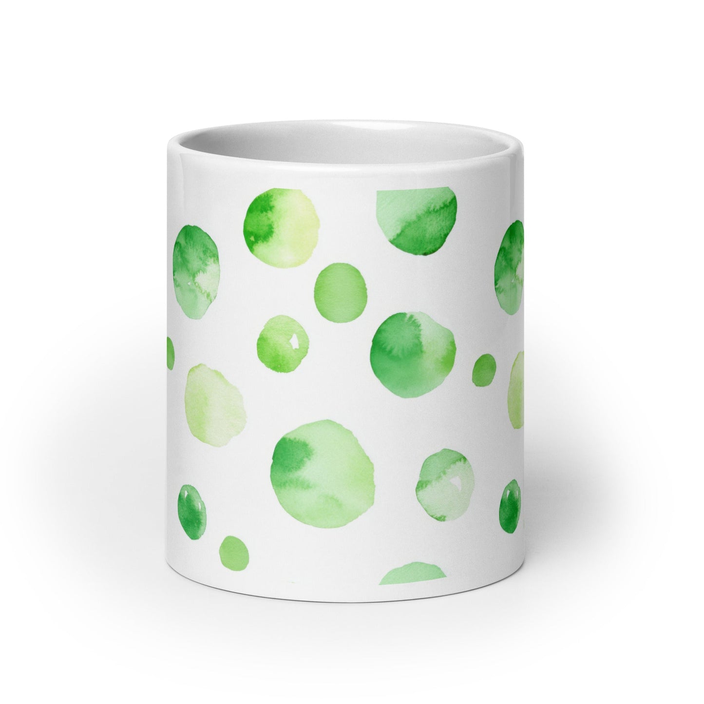 Dottie — Meadow ceramic mug by Maude Mugs — soft meadow dot pattern in greens and warm neutrals, 20oz, front view