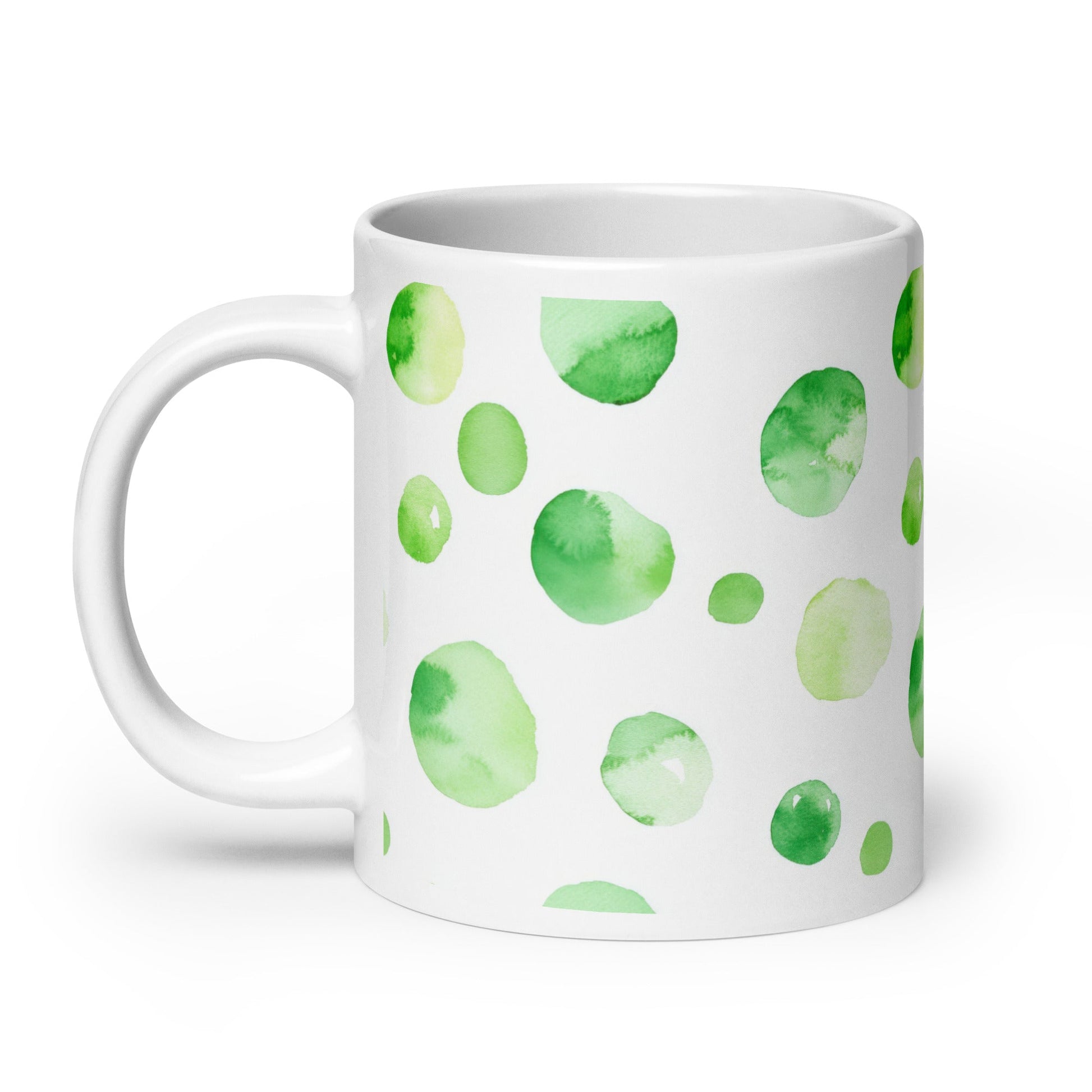 Dottie — Meadow ceramic mug by Maude Mugs — soft meadow dot pattern in greens and warm neutrals, 20oz, handle on left