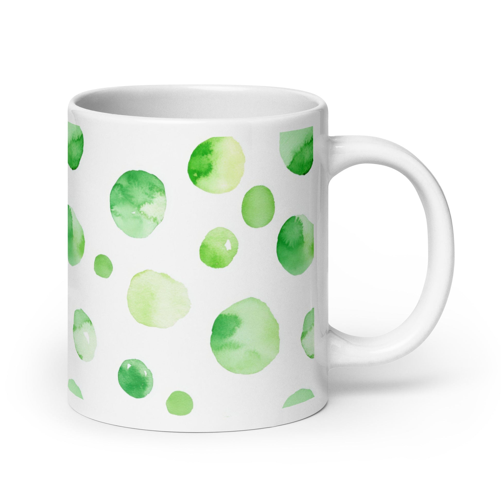 Dottie — Meadow ceramic mug by Maude Mugs — soft meadow dot pattern in greens and warm neutrals, 20oz, handle on right