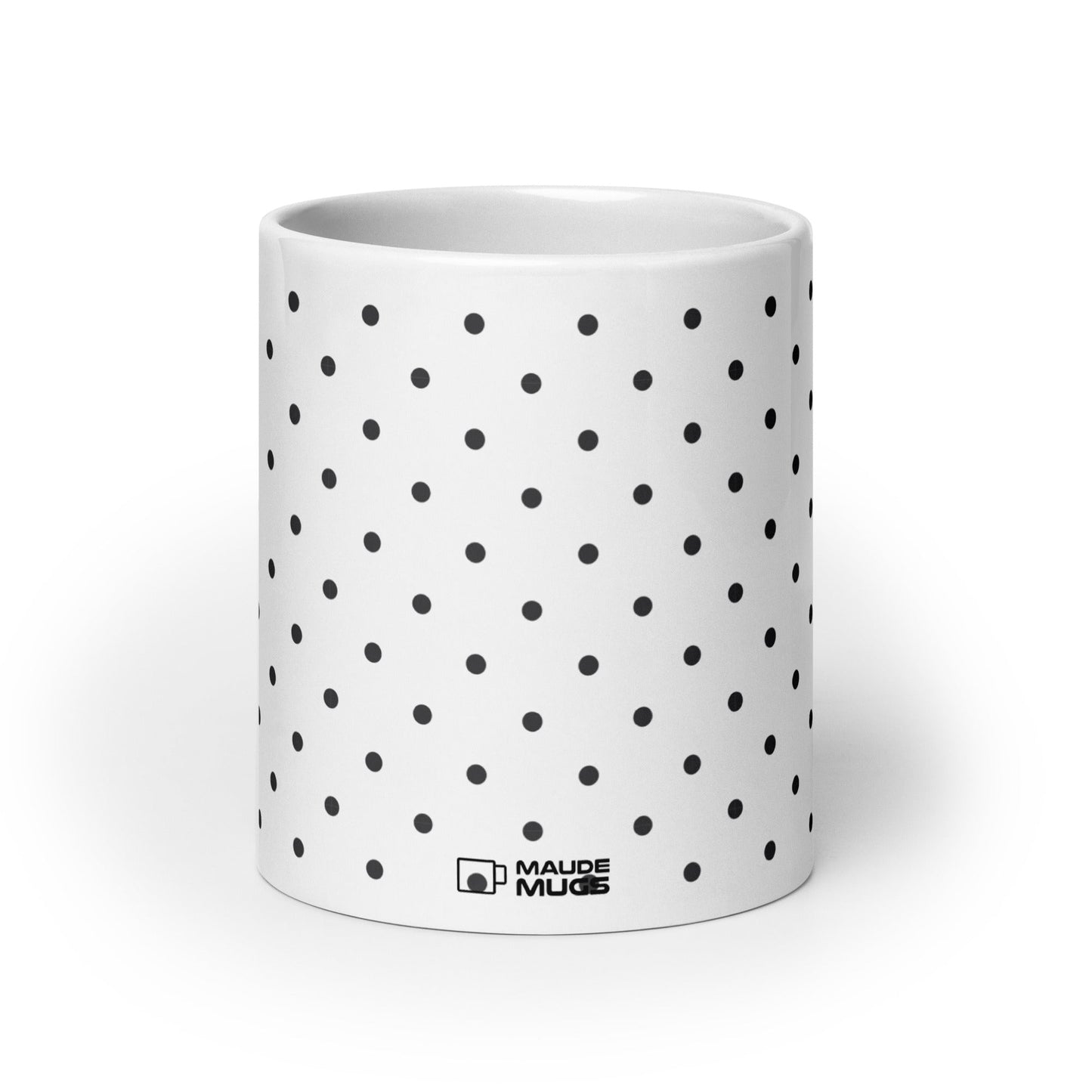 Dottie — Onyx ceramic mug by Maude Mugs — monochrome dot pattern in black and white