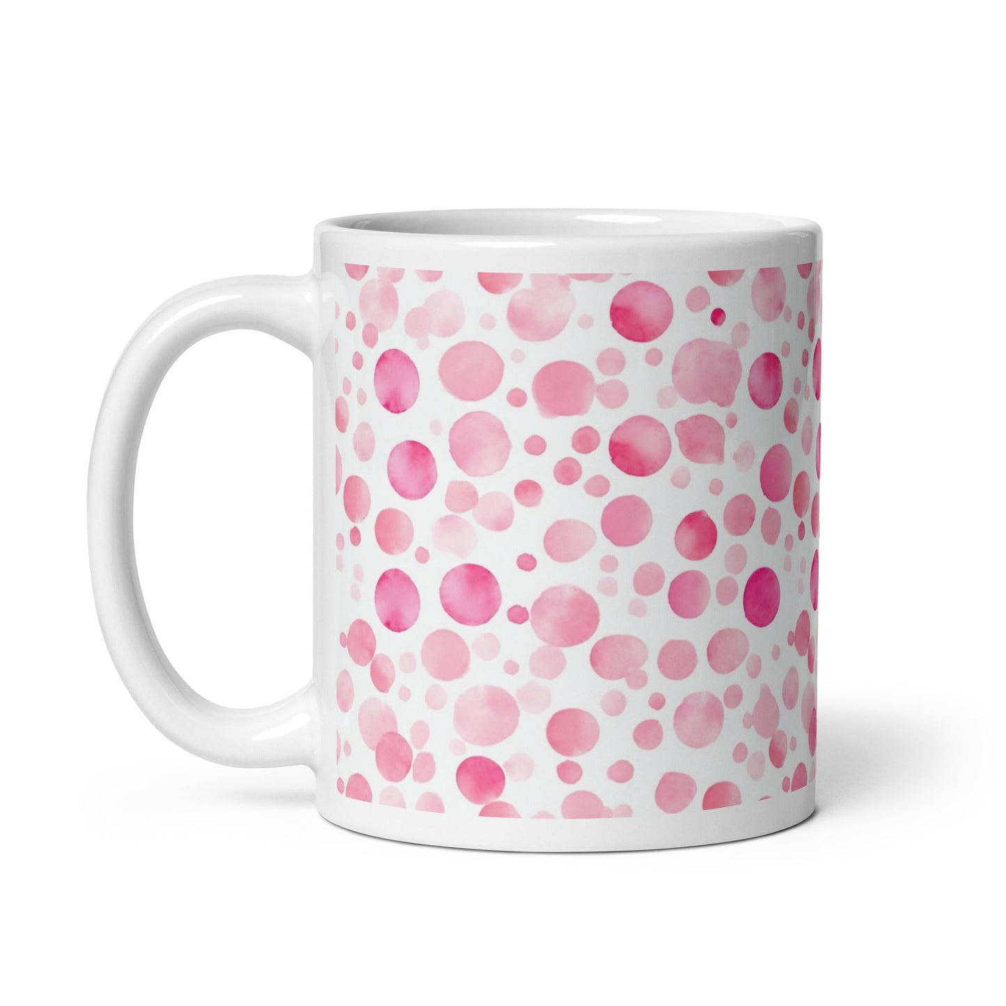 Dottie — Scatter ceramic mug by Maude Mugs — scattered dot pattern in cheerful multicolour, 11oz, handle on left