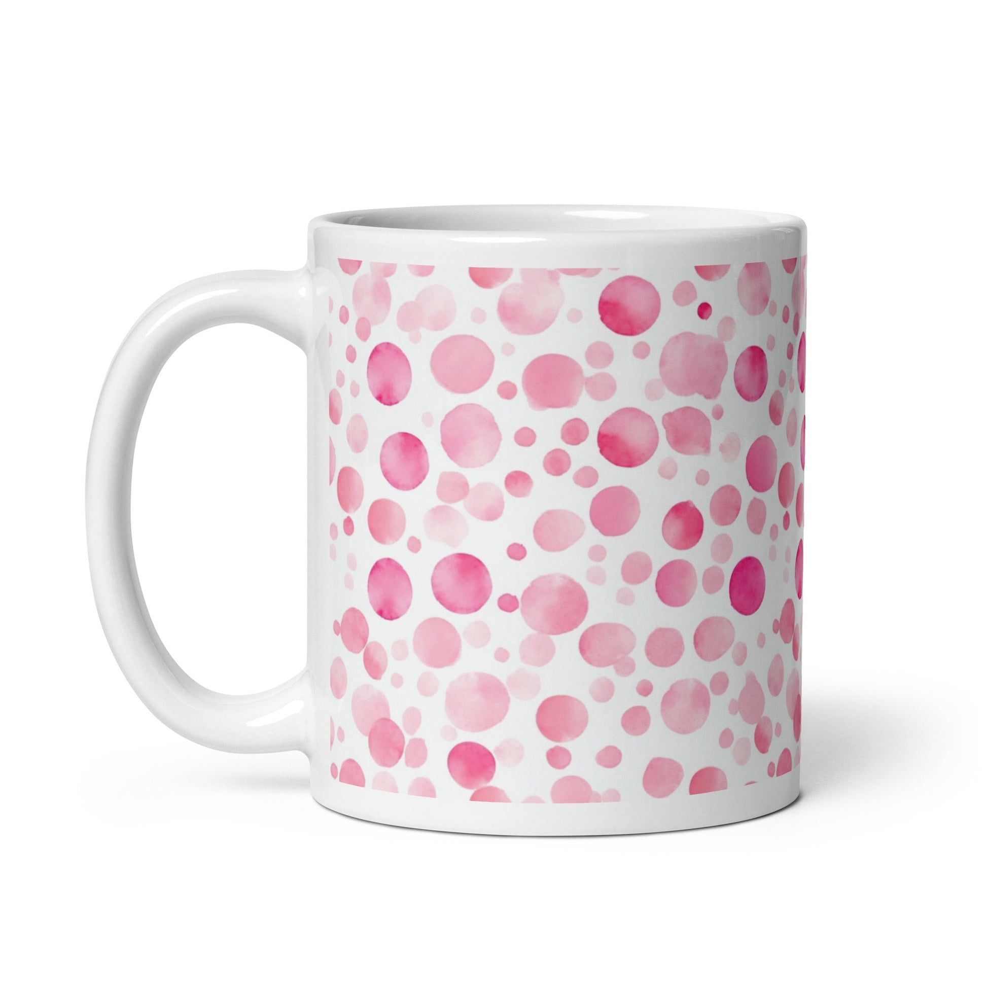 Dottie — Scatter ceramic mug by Maude Mugs — scattered dot pattern in cheerful multicolour, 11oz, handle on left