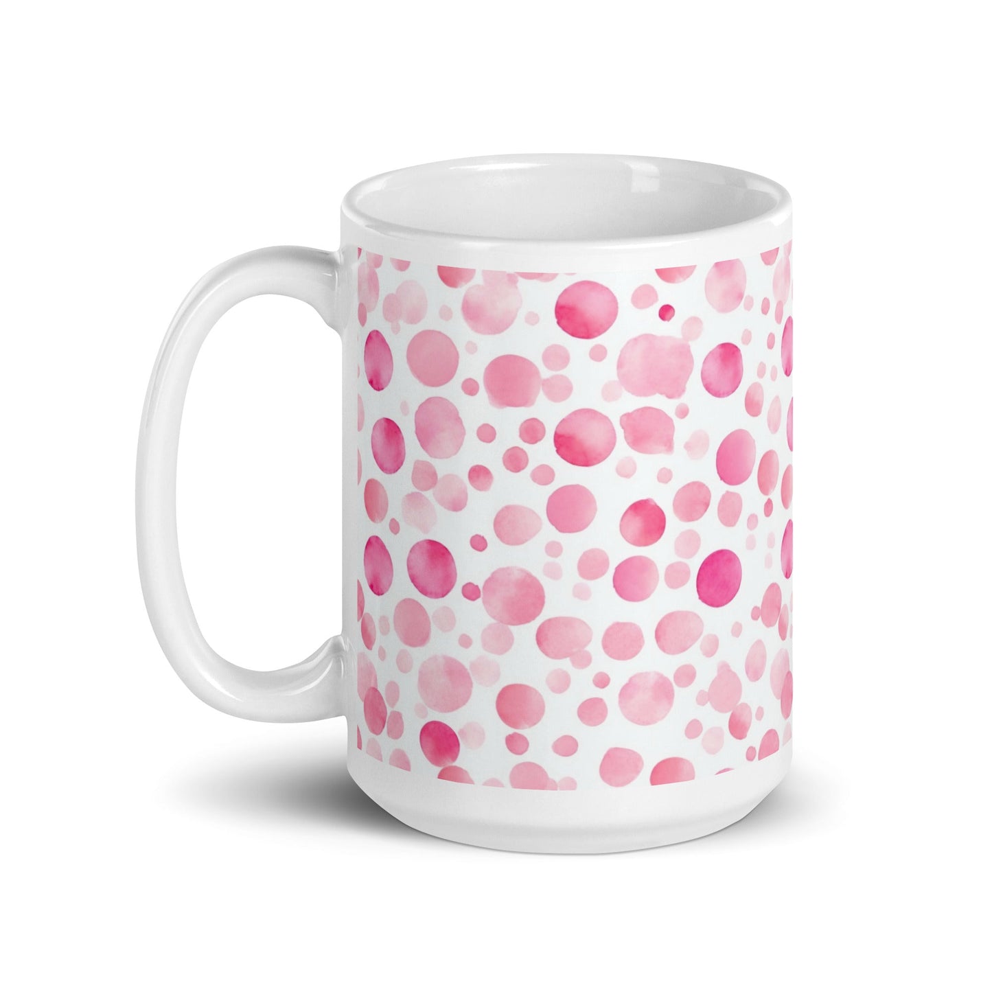 Dottie — Scatter ceramic mug by Maude Mugs — scattered dot pattern in cheerful multicolour, 15oz, handle on left