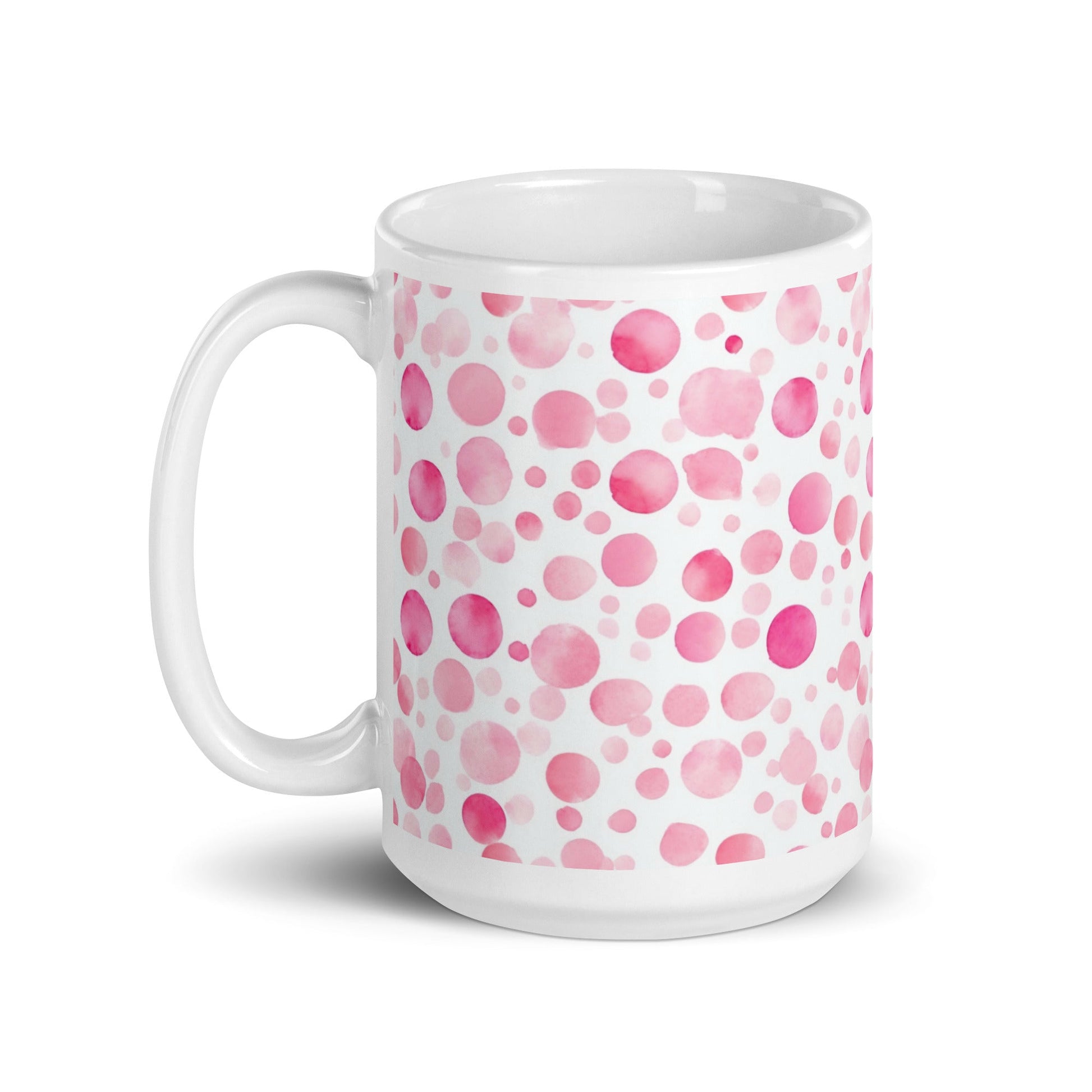 Dottie — Scatter ceramic mug by Maude Mugs — scattered dot pattern in cheerful multicolour, 15oz, handle on left
