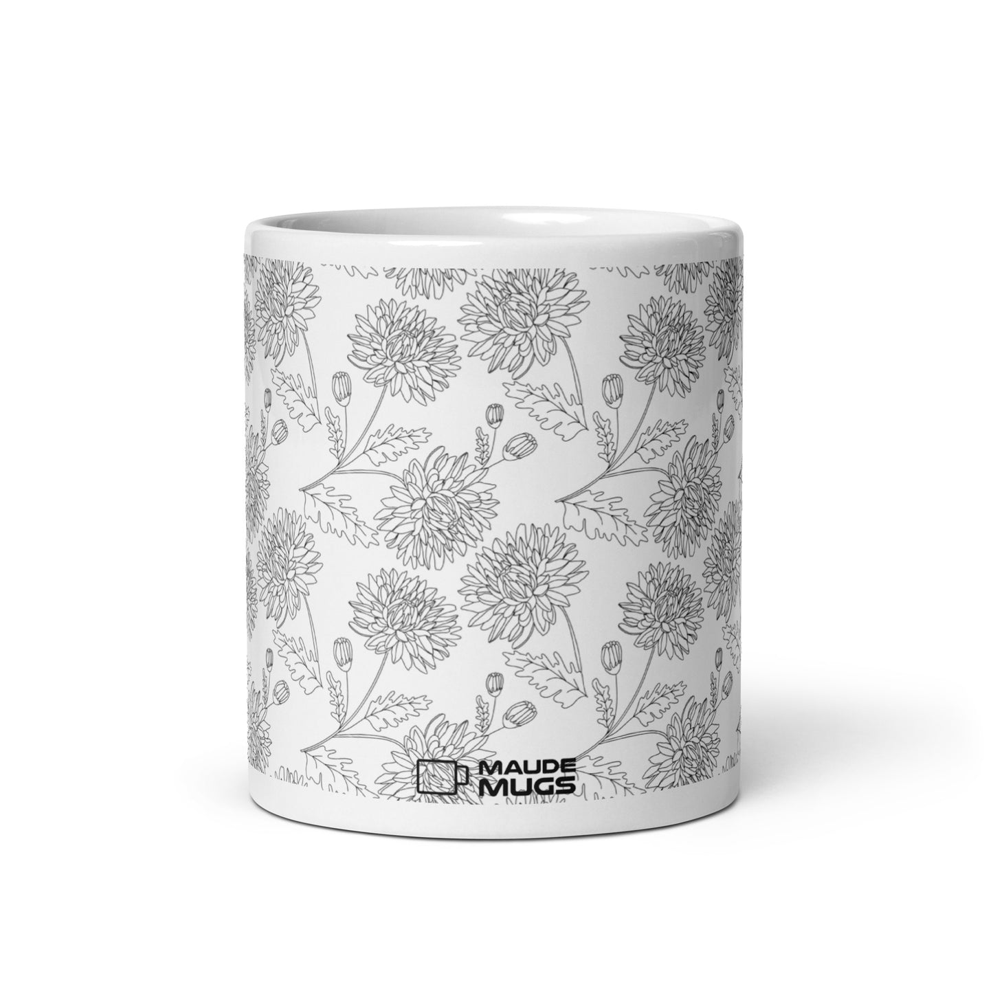 Inked Blooms Chrysanthemum ceramic coffee mug - 11 oz - front view