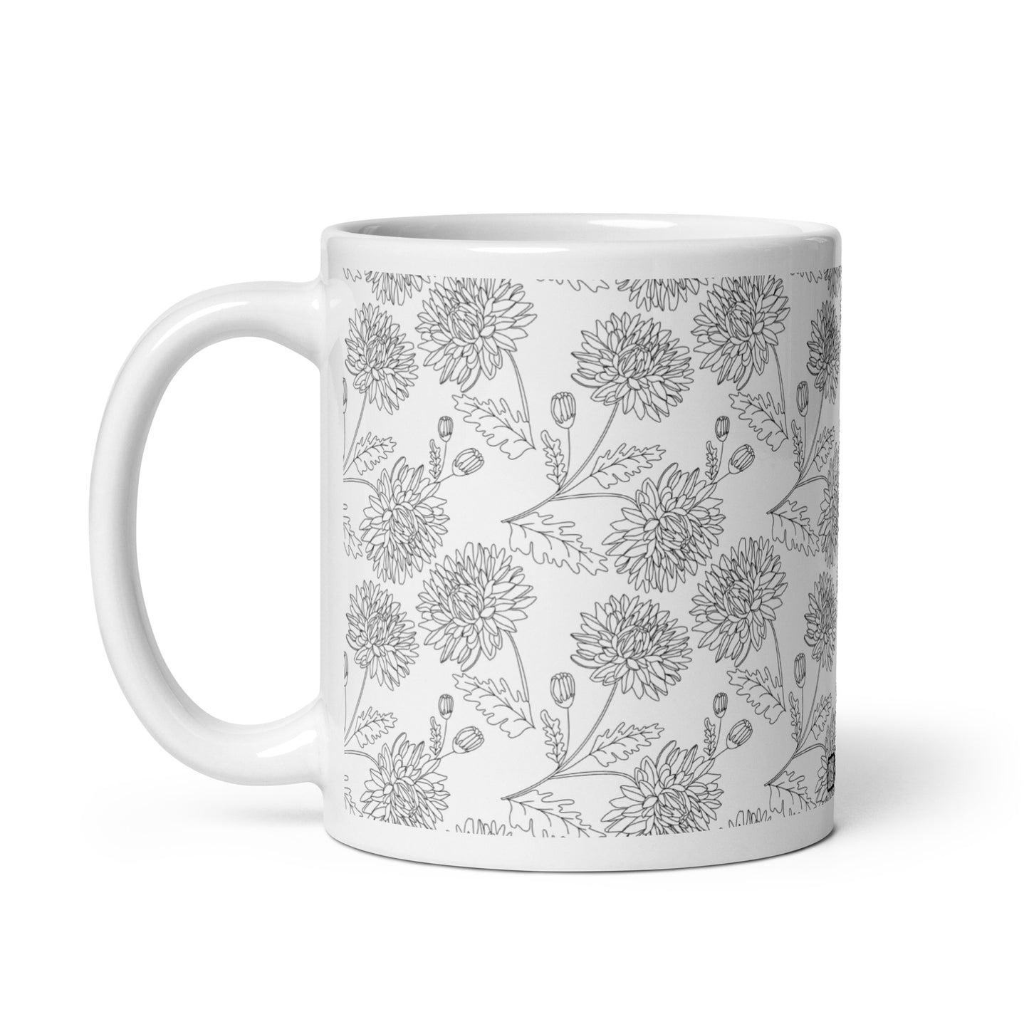 Inked Blooms Chrysanthemum ceramic coffee mug - 11 oz - handle on left