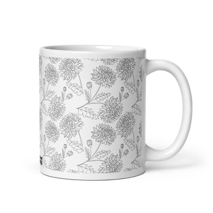 Inked Blooms Chrysanthemum ceramic coffee mug - 11 oz - handle on right