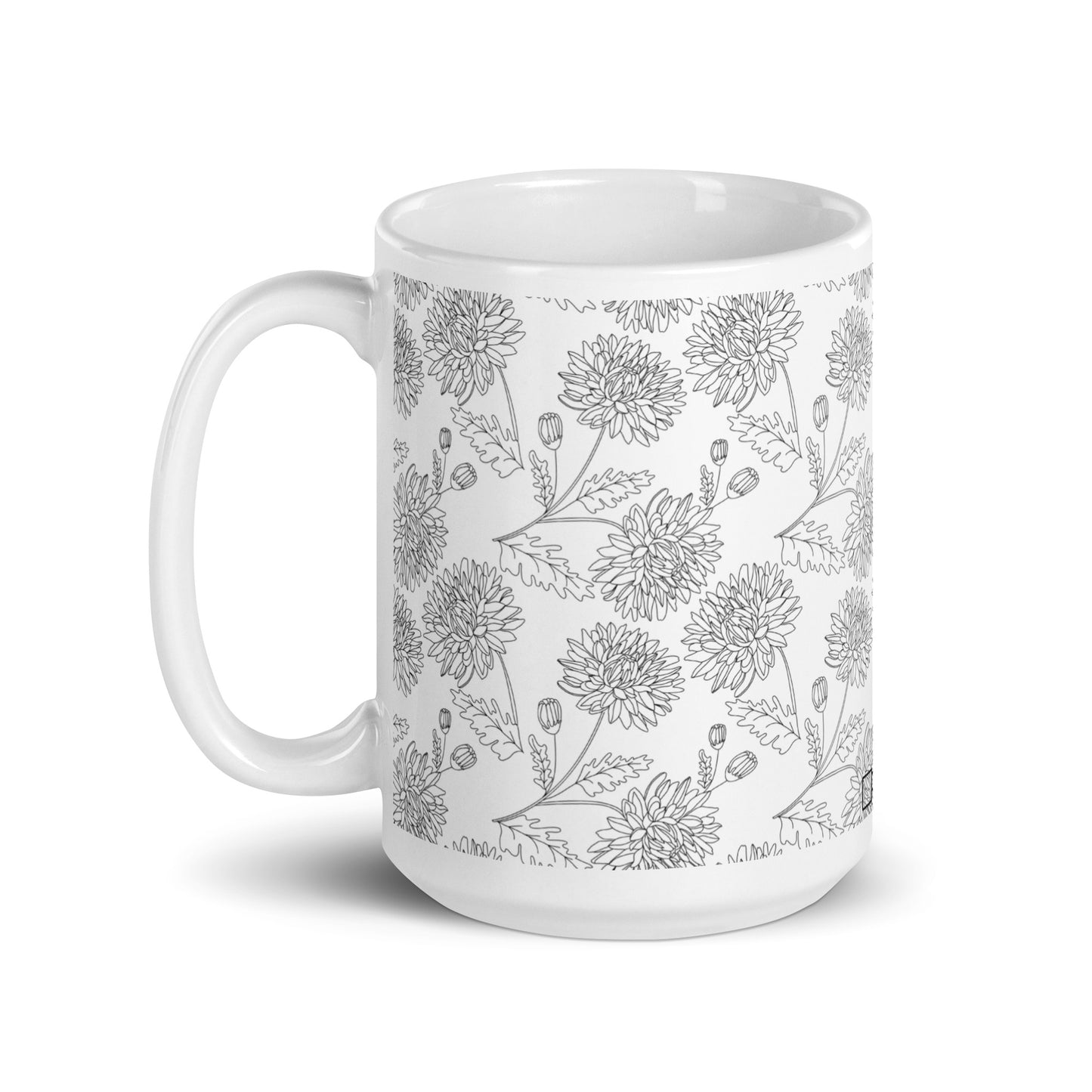 Inked Blooms Chrysanthemum ceramic coffee mug - 15 oz - handle on left
