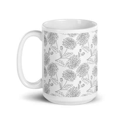 Inked Blooms Chrysanthemum ceramic coffee mug - 15 oz - handle on left