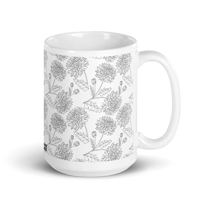 Inked Blooms Chrysanthemum ceramic coffee mug - 15 oz - handle on right