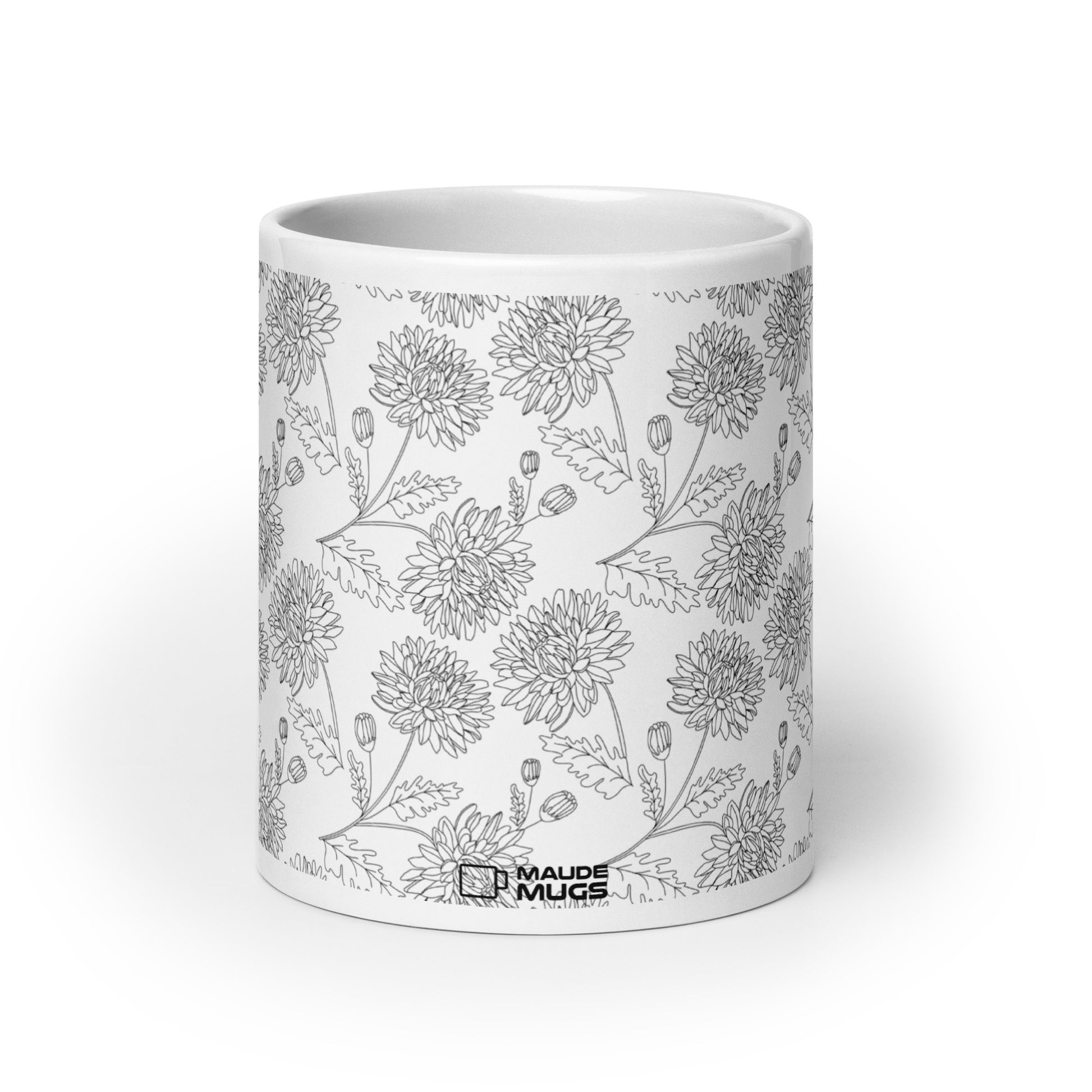 Inked Blooms Chrysanthemum ceramic coffee mug - 20 oz - front view