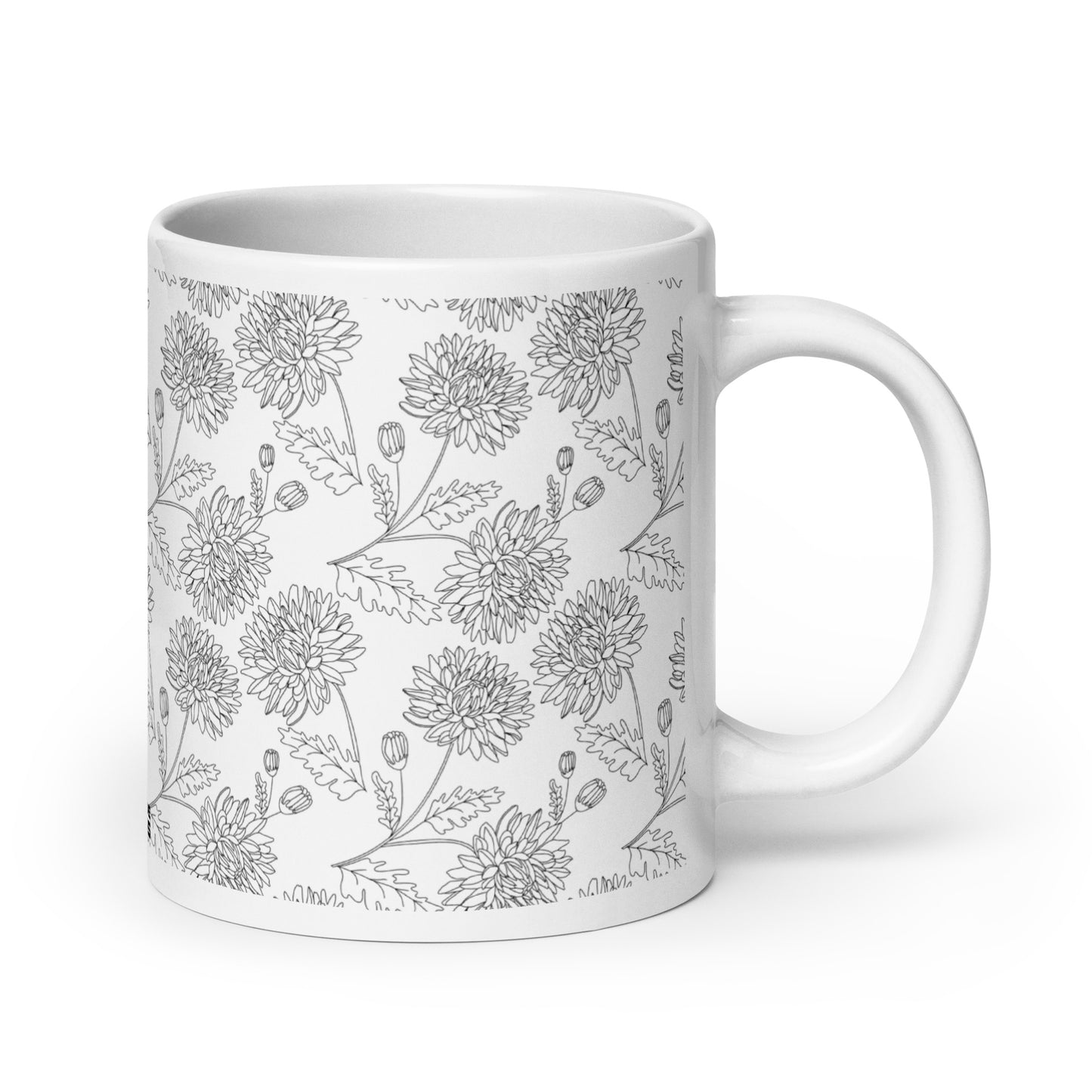 Inked Blooms Chrysanthemum ceramic coffee mug - 20 oz - handle on right
