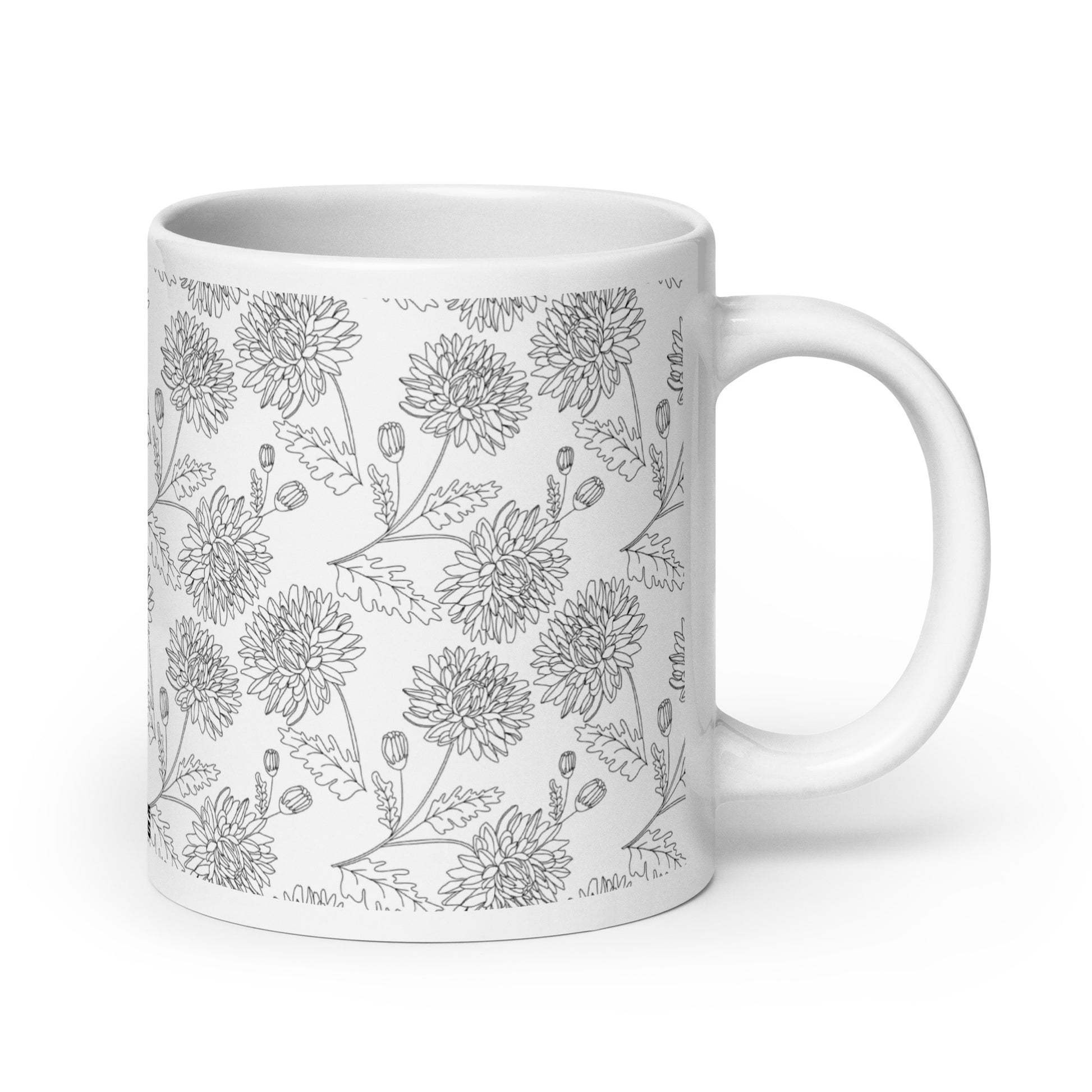 Inked Blooms Chrysanthemum ceramic coffee mug - 20 oz - handle on right