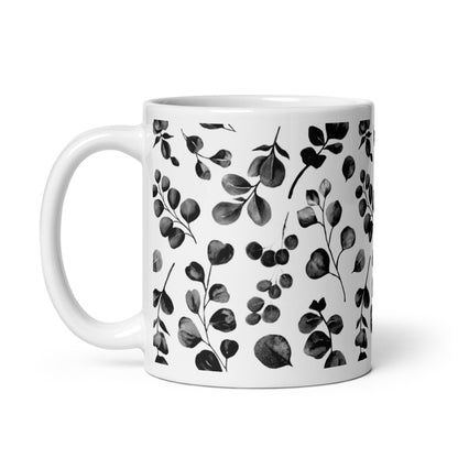 Inked Blooms Eucalyptus ceramic coffee mug - 11 oz - handle on left