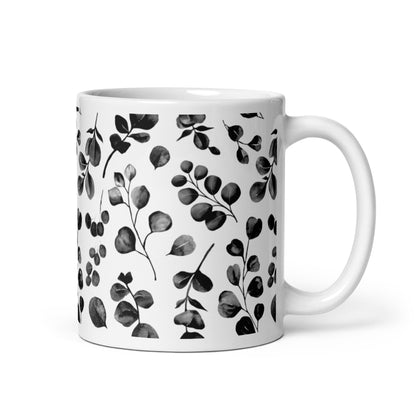 Inked Blooms Eucalyptus ceramic coffee mug - 11 oz - handle on right