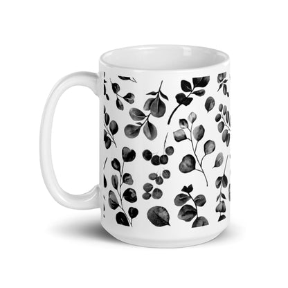 Inked Blooms Eucalyptus ceramic coffee mug - 15 oz - handle on left