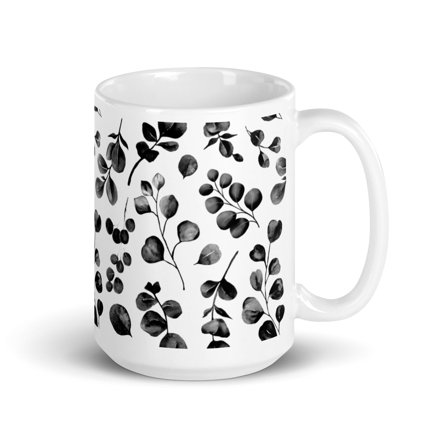 Inked Blooms Eucalyptus ceramic coffee mug - 15 oz - handle on right