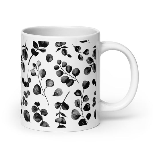 Inked Blooms Eucalyptus ceramic coffee mug - 20 oz - handle on right