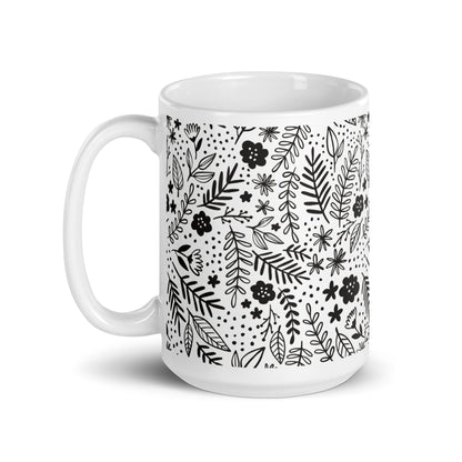 Inked Blooms Meadow ceramic coffee mug - 15 oz - handle on left