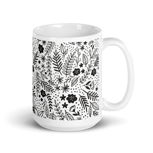 Inked Blooms Meadow ceramic coffee mug - 15 oz - handle on right