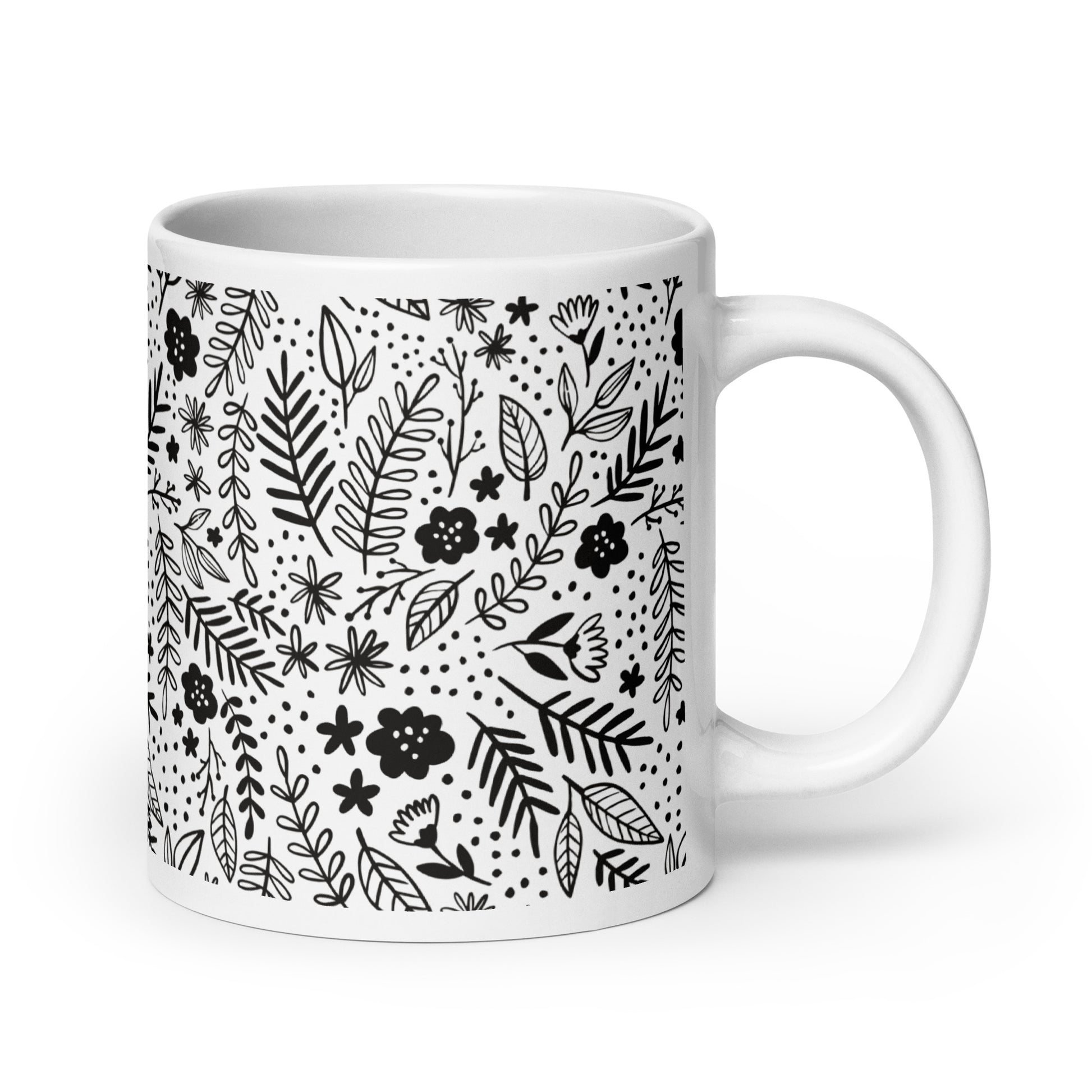 Inked Blooms Meadow ceramic coffee mug - 20 oz - handle on right