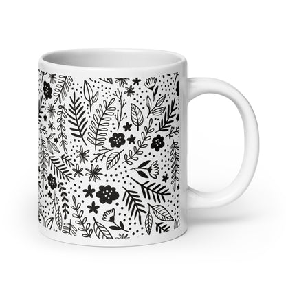 Inked Blooms Meadow ceramic coffee mug - 20 oz - handle on right