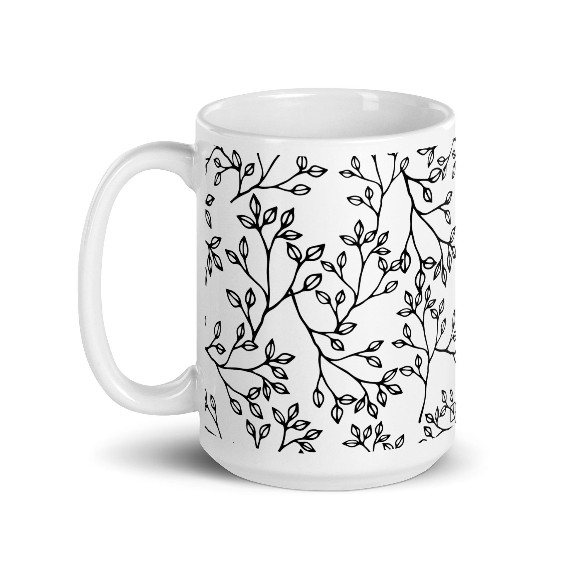 Inked Blooms Sprig ceramic coffee mug - 15 oz - handle on left