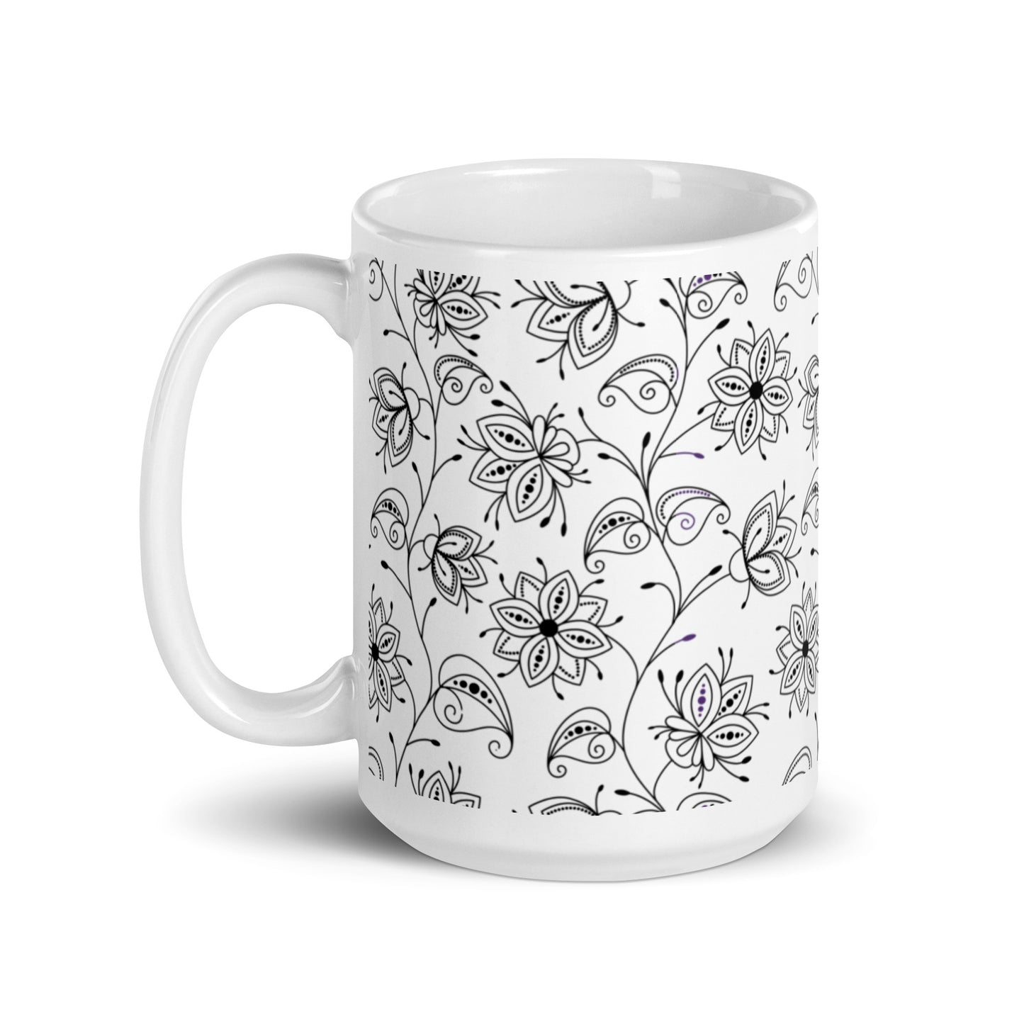 Inked Blooms Vine ceramic coffee mug - 15 oz - handle on left