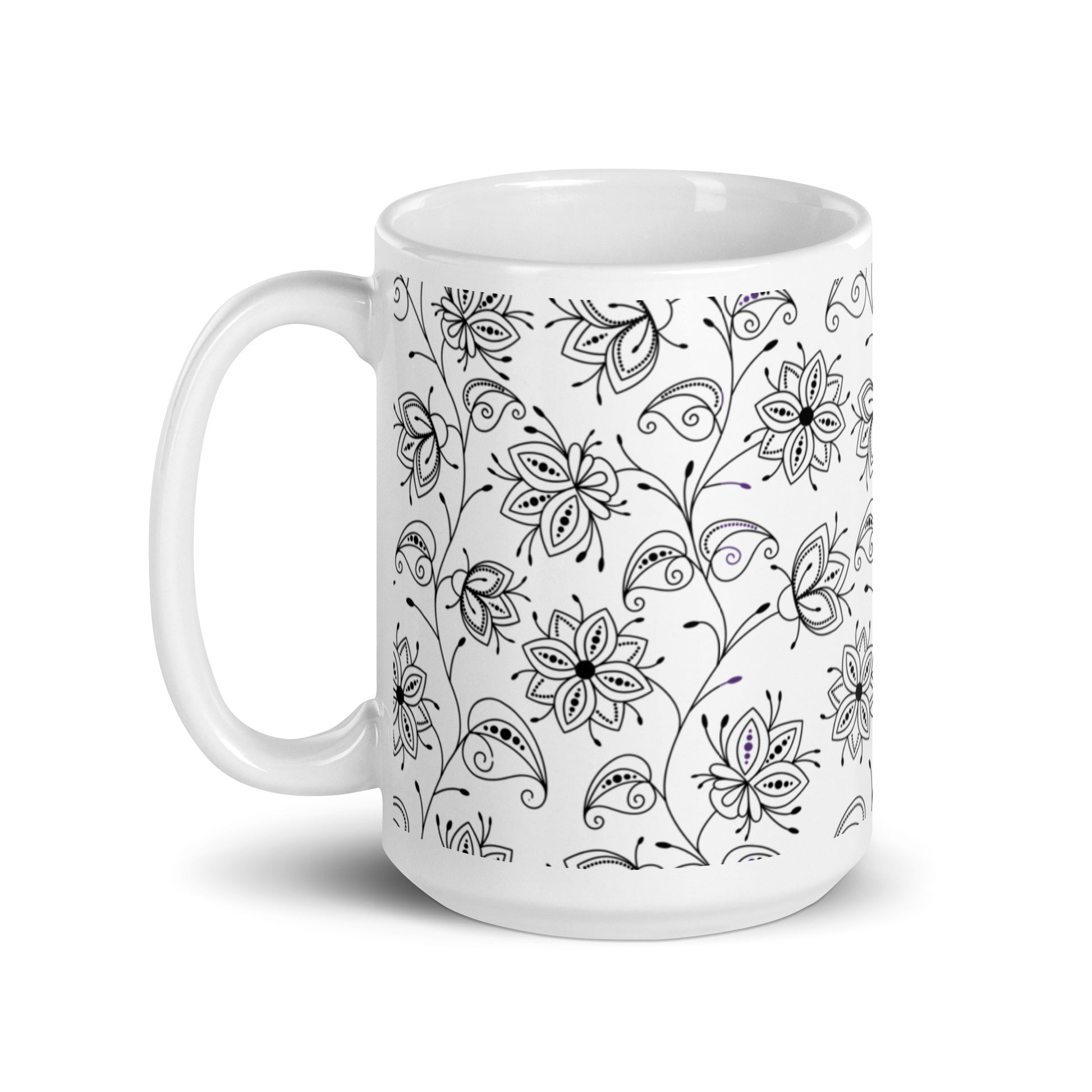 Inked Blooms Vine ceramic coffee mug - 15 oz - handle on left