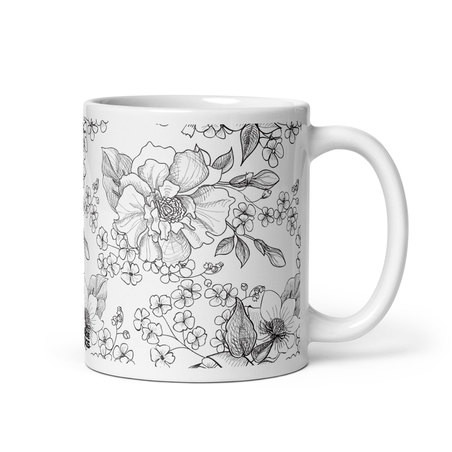 Inked Blooms Wild Rose ceramic coffee mug - 11 oz - handle on right