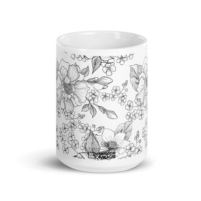 Inked Blooms Wild Rose ceramic coffee mug - 15 oz - front view