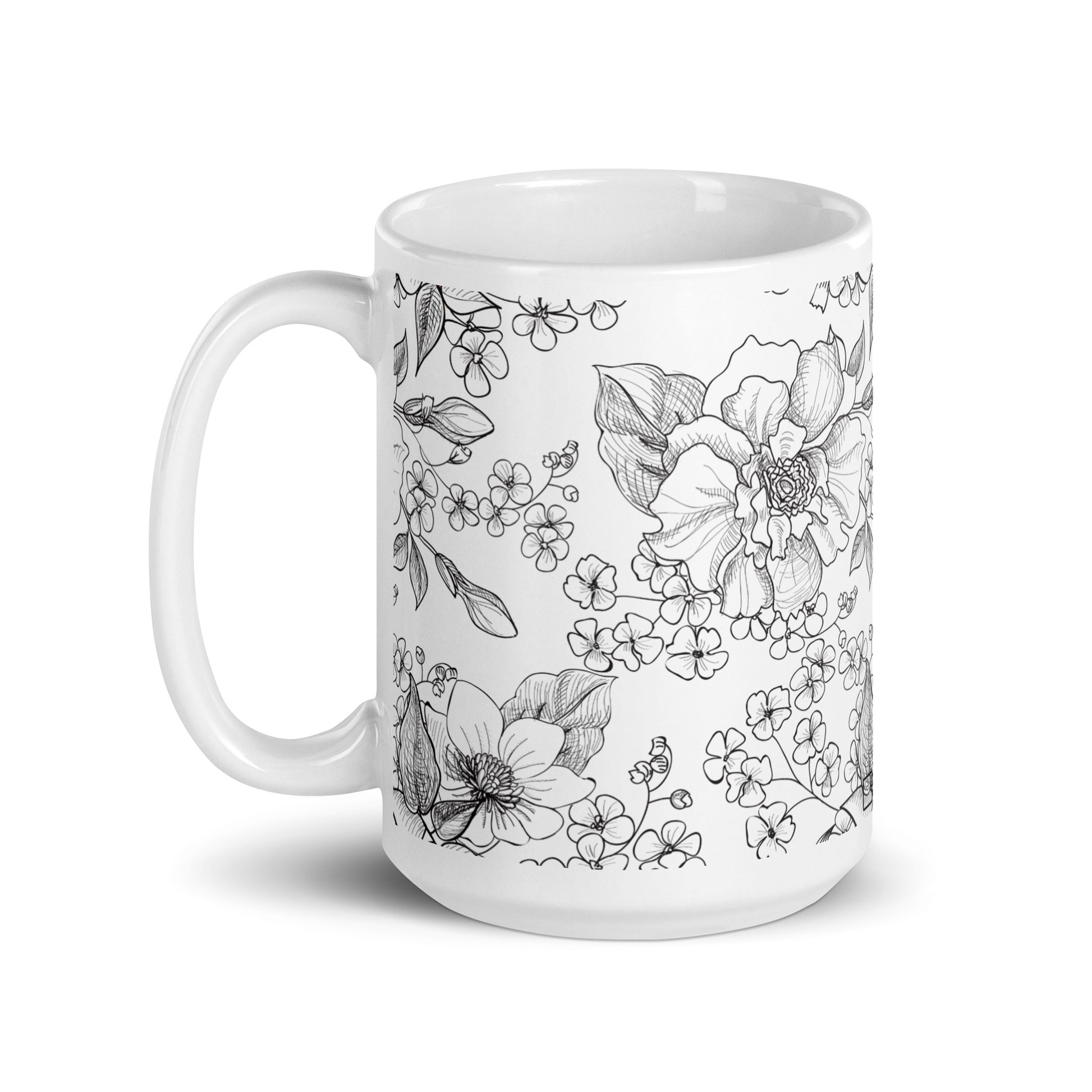 Inked Blooms Wild Rose ceramic coffee mug - 15 oz - handle on left