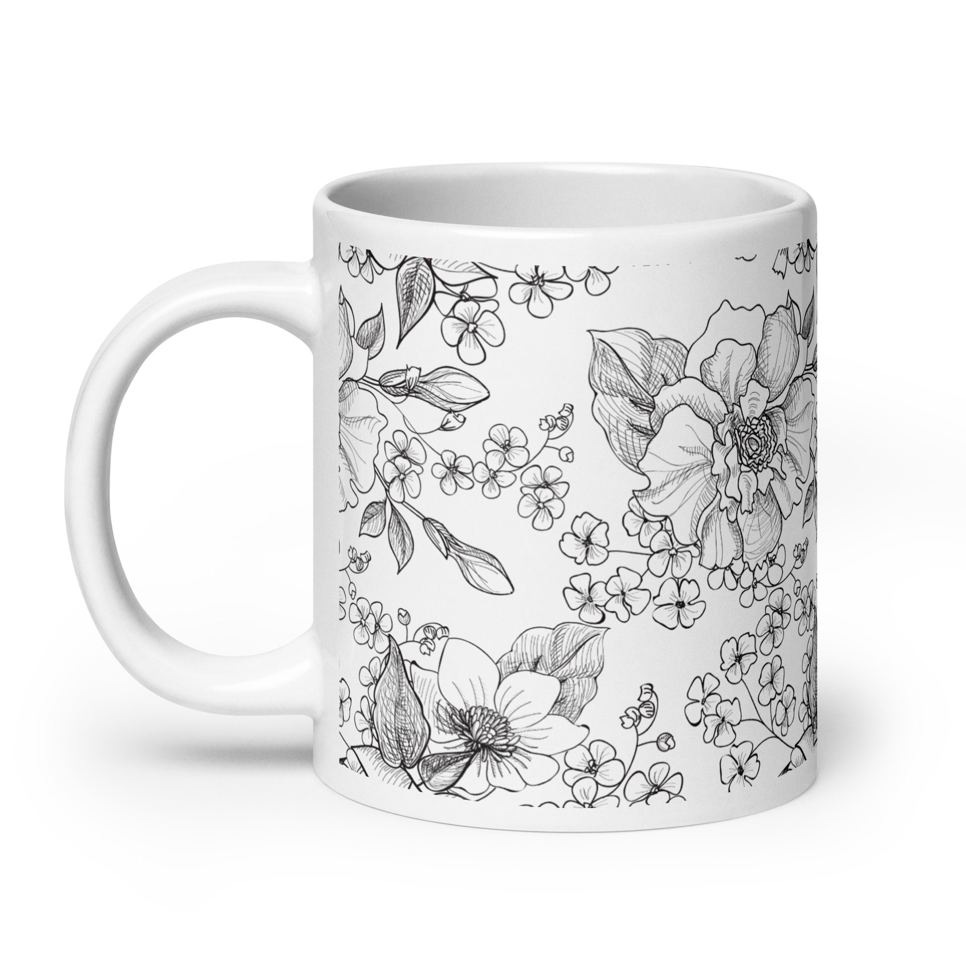Inked Blooms Wild Rose ceramic coffee mug - 20 oz - handle on left