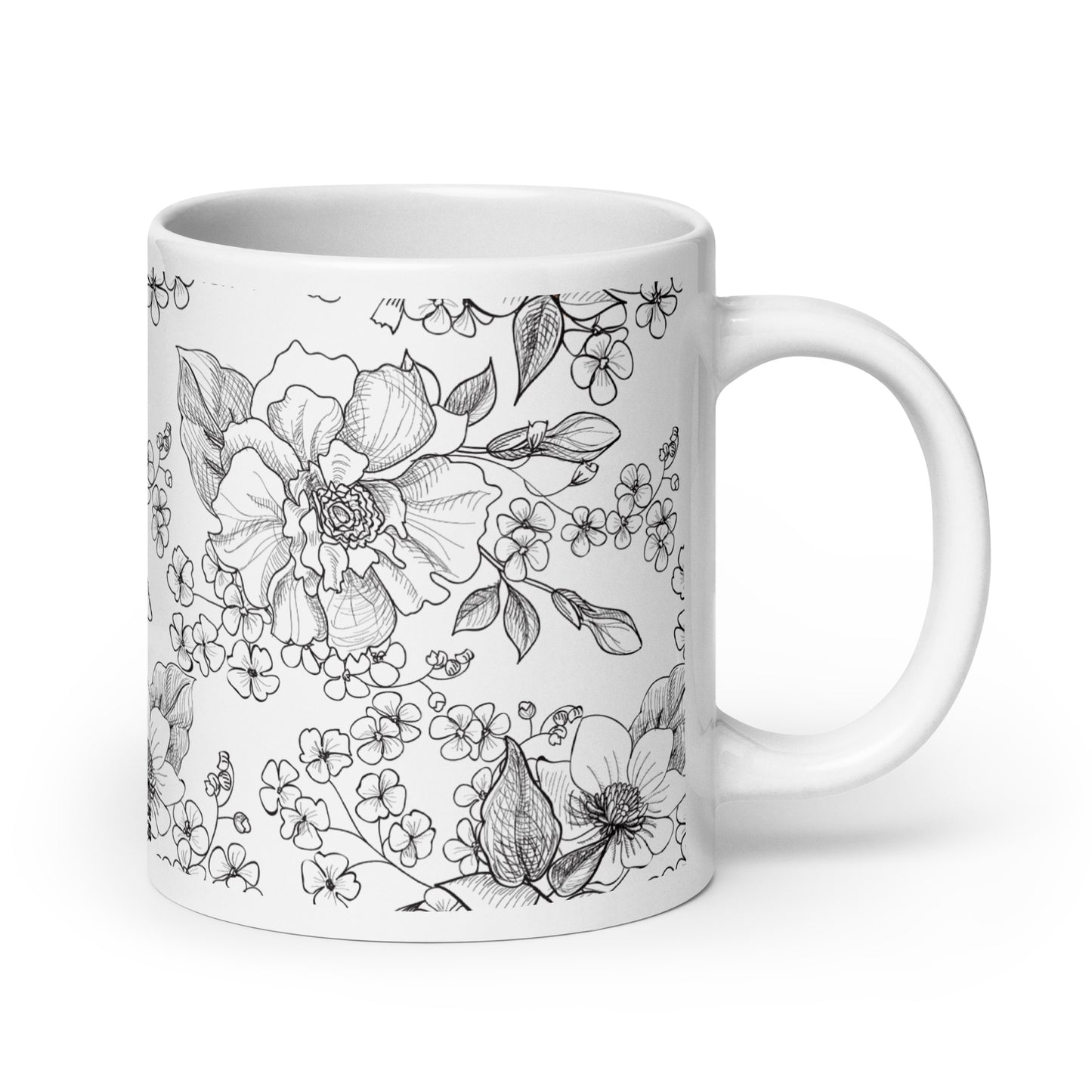Inked Blooms Wild Rose ceramic coffee mug - 20 oz - handle on right