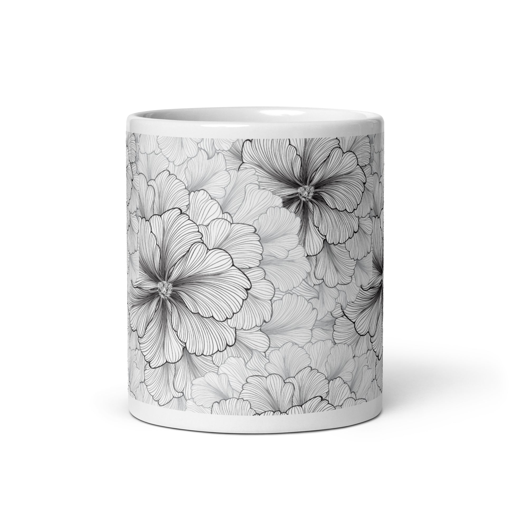Inked Blooms Zinnia ceramic coffee mug - 11 oz - front view